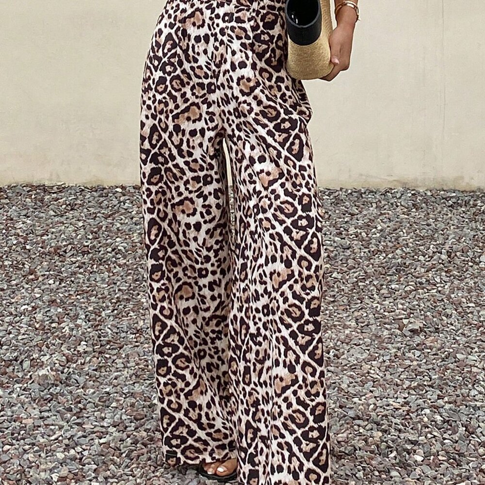 Brown Casual Women's Leopard Print Vacation Pants